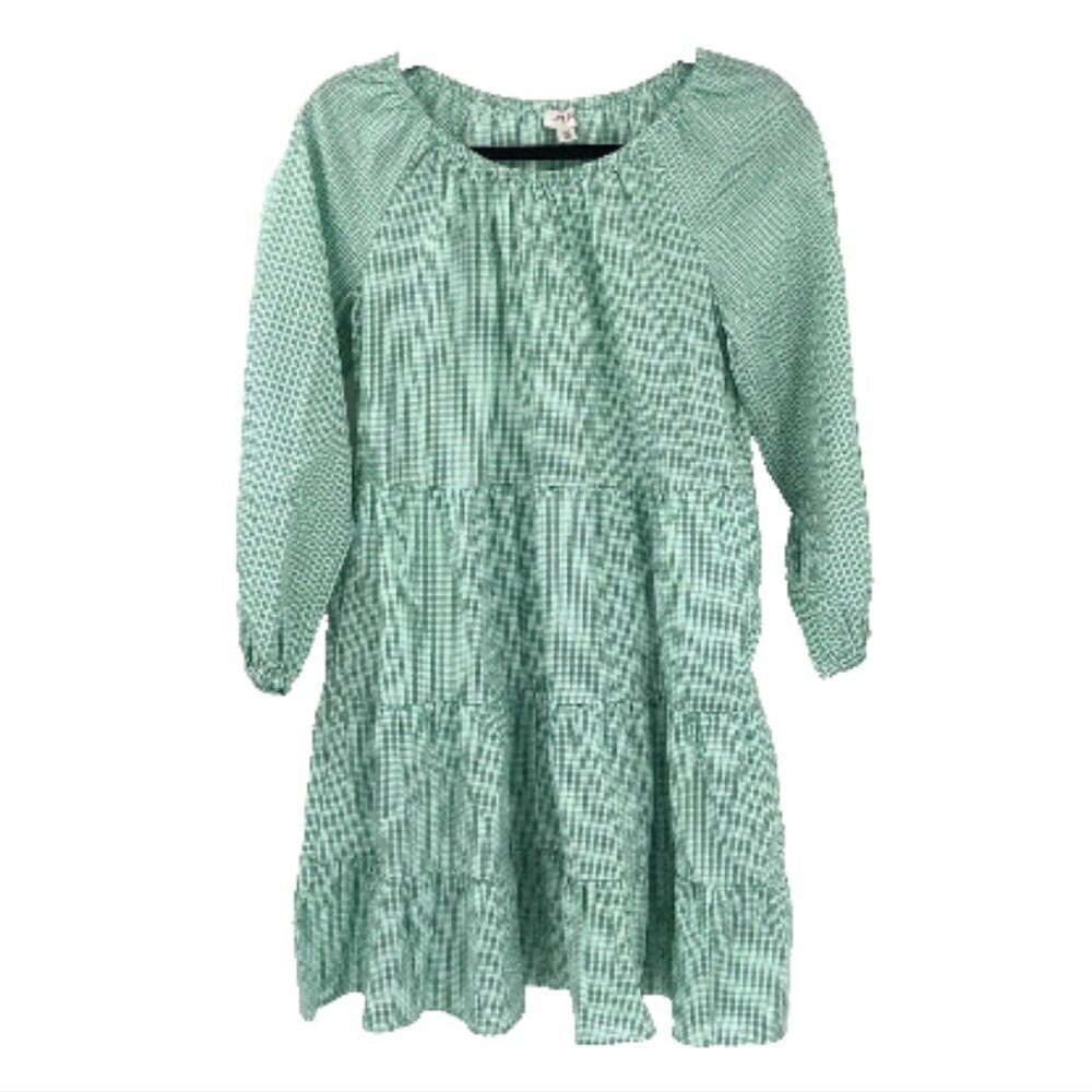 J.CREW Gingham Cotton Blend Poplin Raglan Tiered Mini Dress Green White PreppyXS